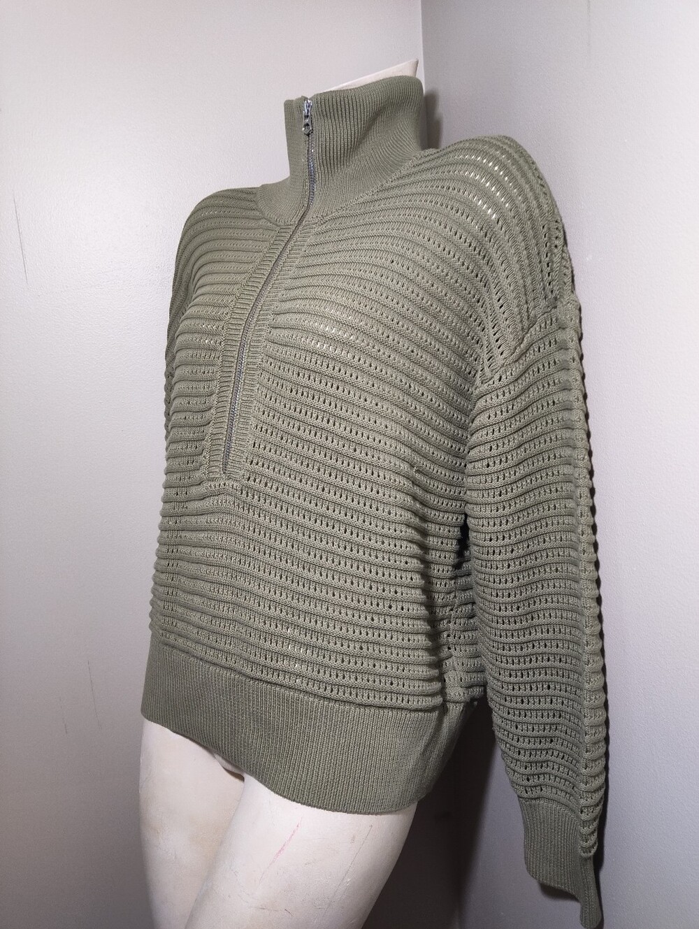 VARLEY Tara Pointelle Half-Zip Cotton Knit Sweater Sage Green XL - Picture 6 of 13